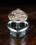 Large Silver & Green Glass Heart Box by Levi & Salaman, Birmingham, 1901. - Harrington Antiques