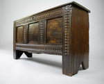 17th Century Oak Plank Coffer With Carved Triple Panel Front. - Harrington Antiques