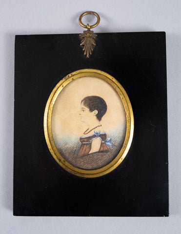 19th Century Miniature Portrait Of Small Girl In Red & Blue Dress. - Harrington Antiques