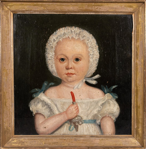 19th Century Naive Portrait Of A Young Child. Oil On Canvas. - Harrington Antiques