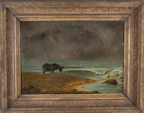 19th Century Oil On Board - Donkey On A Stormy Beach - Harrington Antiques