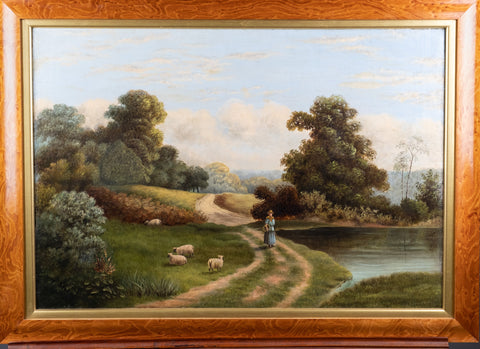 19th Century Oil On Canvas - Lady Walking By Pond. Signed 'T. Morris'. - Harrington Antiques