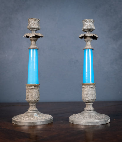 19th Century Pair Of Blue Glass Candlesticks - Harrington Antiques