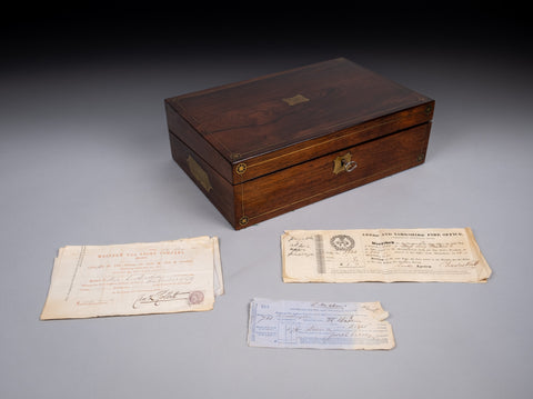 19th Century Rosewood & Brass Writing Slope With Share Certificates - Harrington Antiques