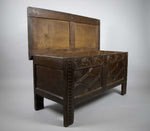 Antique 17th Century Carved Oak Coffer With Raised Legs & Original Iron Loop Hinges. - Harrington Antiques