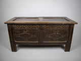 Antique 17th Century Carved Oak Coffer With Raised Legs & Original Iron Loop Hinges. - Harrington Antiques