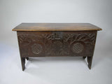 Antique 17th Century Carved Oak Six Plank Coffer / Chest. - Harrington Antiques