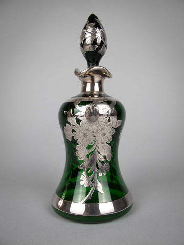 Art Nouveau Emerald Glass Scent Bottle With Silver Overlay, c.1900-1910. - Harrington Antiques