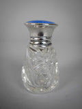 Blue Guilloche Enamel, Sterling Silver & Cut Glass Scent Bottle. H. Pidduck & Sons, Birmingham, 1929 - Harrington Antiques