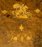 Burr Walnut Marquetry 'George & Dragon' Wine Table, c.1870. - Harrington Antiques