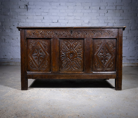 Charles II 17th Century Carved Three Panel Oak Coffer / Chest, c.1680 - Harrington Antiques