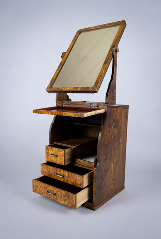 Early 20th Century Campaign Style Burr Walnut & Mahogany Folding Vanity Box - Harrington Antiques