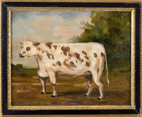 Early 20th Century Prize Bull In Landscape. Dated 1921. Oil On Board. - Harrington Antiques