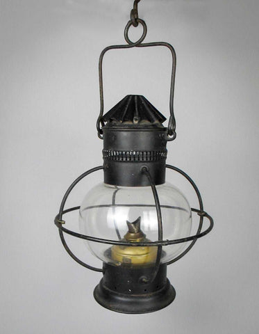 Early 20th Century Toleware Globular Hanging Oil Lamp With Brass Burner. - Harrington Antiques