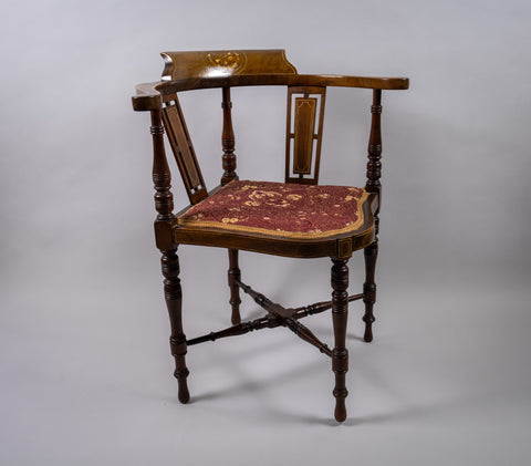 Edwardian Mahogany Inlaid Corner Chair With Musical Instrument Motif - Harrington Antiques