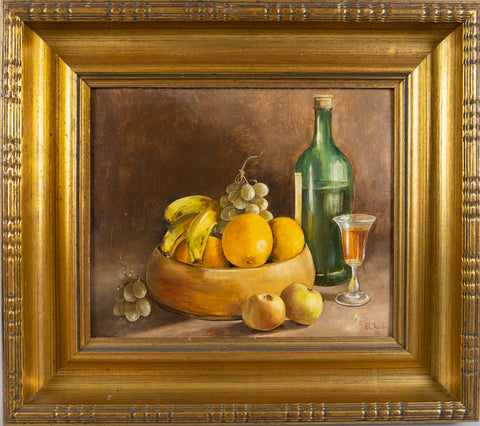 Enid Clarke RMS (1919-2020) Still Life of Fruit & Sherry. Signed & Dated, 1976. - Harrington Antiques