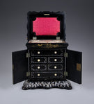 Fine Mother of Pearl & Abalone Ebonised Papier-Mache Jewellery Cabinet, c.1850. - Harrington Antiques