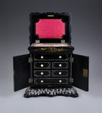 Fine Mother of Pearl & Abalone Ebonised Papier-Mache Jewellery Cabinet, c.1850. - Harrington Antiques