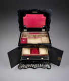Fine Mother of Pearl & Abalone Ebonised Papier-Mache Jewellery Cabinet, c.1850. - Harrington Antiques