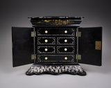 Fine Mother of Pearl & Abalone Ebonised Papier-Mache Jewellery Cabinet, c.1850. - Harrington Antiques