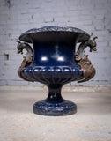 French Alfred Corneau Blue Enamel Cast Iron Urn With Griffin Handles - Harrington Antiques