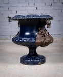 French Alfred Corneau Blue Enamel Cast Iron Urn With Griffin Handles - Harrington Antiques