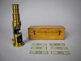 French Brass Field Microscope With Original Box & Slides, c.1880-90. - Harrington Antiques