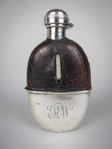 George V Silver & Crocodile Leather Hip Flask by E A Jacob, London, 1914. - Harrington Antiques