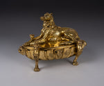 Large 19th Century Gilt Bronze Inkwell With Hound & Monopedic Lion Legs - Harrington Antiques