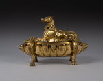 Large 19th Century Gilt Bronze Inkwell With Hound & Monopedic Lion Legs - Harrington Antiques