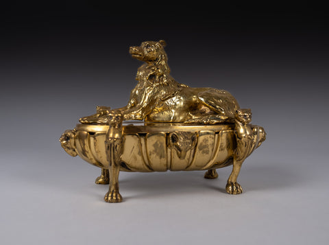 Large 19th Century Gilt Bronze Inkwell With Hound & Monopedic Lion Legs - Harrington Antiques