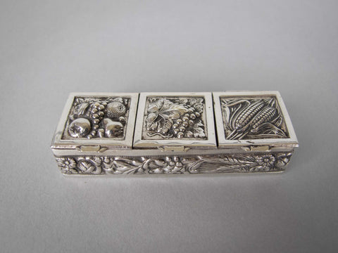 Mid 20th Century Continental Silver Plated Pill Box With Harvest Repousse - Harrington Antiques