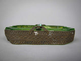 Near Pair of Czech Green Intaglio Dishes With Brass Filigree and Jewel Detail. - Harrington Antiques