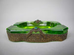 Near Pair of Czech Green Intaglio Dishes With Brass Filigree and Jewel Detail. - Harrington Antiques
