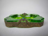 Near Pair of Czech Green Intaglio Dishes With Brass Filigree and Jewel Detail. - Harrington Antiques