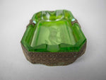 Near Pair of Czech Green Intaglio Dishes With Brass Filigree and Jewel Detail. - Harrington Antiques