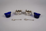 Pair Sterling Silver Salt Cellars & Matching Spoons by Joseph Gloster, Birmingham, 1905. - Harrington Antiques