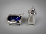 Sterling Silver Salt Cellar & Pepperette Cruet Set by Atkin Bros, 1939 & 1940. - Harrington Antiques