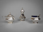 Sterling Silver Three Piece Cruet Set With Spoon by Ernest Druiff & Co, 1925. - Harrington Antiques