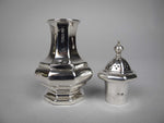 Sterling Silver Three Piece Cruet Set With Spoon by Ernest Druiff & Co, 1925. - Harrington Antiques