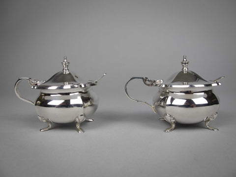 Two Sterling Silver Mustard Pots With Spoons by Walker & Hall, Sheffield, 1935/6 - Harrington Antiques