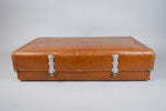 Vintage 1960s Revelation Tan Leather Suitcase With Travel Labels. - Harrington Antiques
