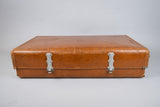 Vintage 1960s Revelation Tan Leather Suitcase With Travel Labels. - Harrington Antiques