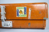 Vintage 1960s Revelation Tan Leather Suitcase With Travel Labels. - Harrington Antiques